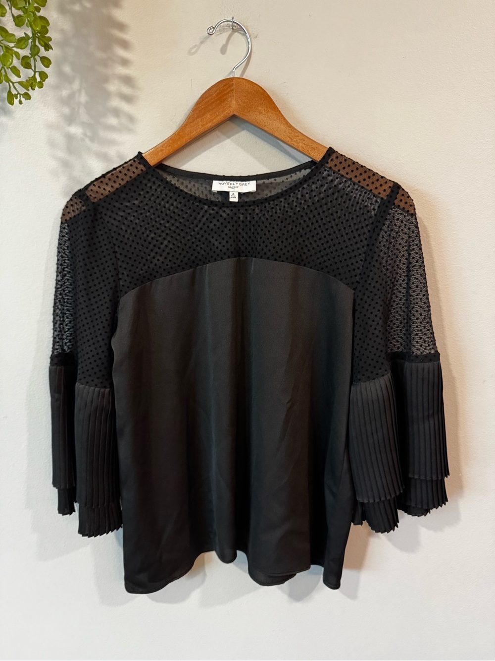 Waverly Grey Black Mesh & Pleated Sleeve Blouse